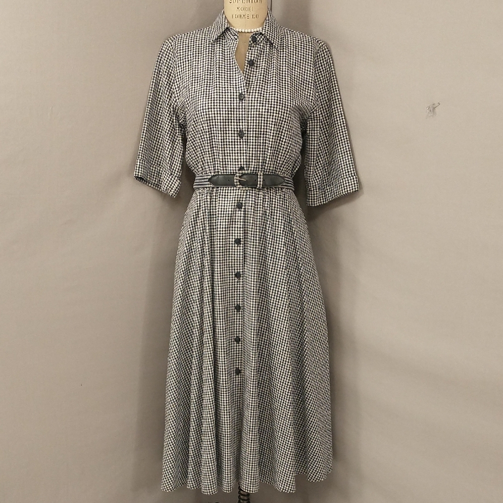 Gingham Dress 80s Does 50s Linen Cotton USA Made Vintage Check Shirtdress sz8/10